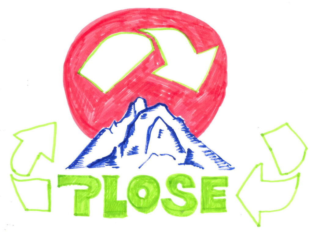 Grafik mit Berg und Recycling-Symbol in lebhaften Farben.